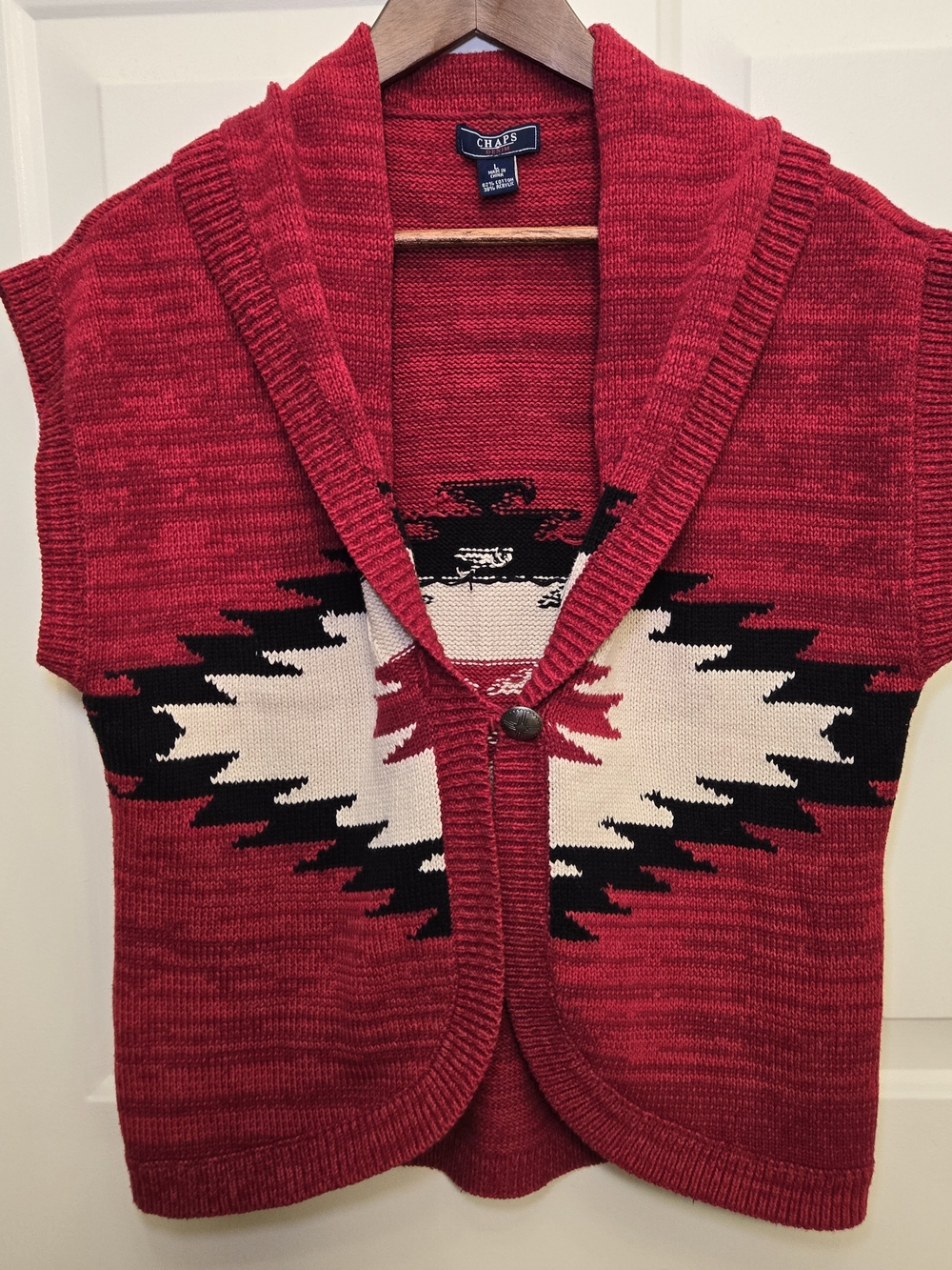 Chaps Denim Sweater Vest Southwest Knit Design Cotton Red Size Large